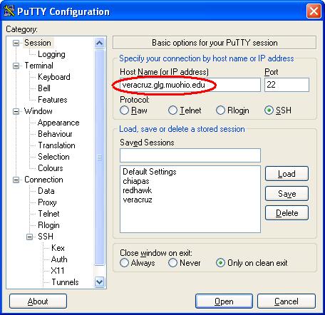 PuTTY configuration window